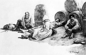 — Ухожу я домой, Яков, — внушительно произнес Василий, ковыряя песок пальцем руки. Иллюстрация к рассказу М. Горького «Мальва». Художник Н. Петров, до 1938 г.
