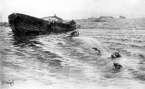 Потом на взволнованной воде появилась мокрая голова Якова с испуганным лицом, а рядом с ней вынырнула Мальва. Яков, отчаянно взмахивая руками, разбивал вокруг себя воду, выл и рычал, а Мальва с громким хохотом плавала вокруг него, плеская ему в лицо пригоршни соленой воды, ныряла, уклоняясь от широких взмахов его лап. Иллюстрация к рассказу М. Горького «Мальва». Художник Н. Петров, до 1938 г.