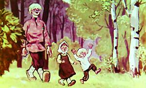 Иванушка-дурачок сморит за детьми. Иллюстрация А. Винокурова, Л. Шварцмана к сказке М. Горького «Про Иванушку-дурачка»