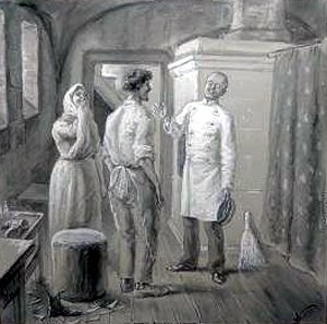 Студент-санитара сообщает Григорию и Матрене об эпидемии холеры в городе. Иллюстрация к рассказу М. Горького «Супруги Орловы». Художник А. Кучеренко, начало XX в.