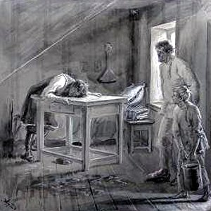 Заболевший холерой гармонист Митрий Кисляков прилег на стол. В дверях Григорий Орлов и мальчик Сенька Чижик с ведром. Иллюстрация к рассказу М. Горького «Супруги Орловы». Художник А. Кучеренко, начало XX в.