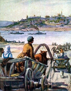 У парома. Пустят ли их туда, в этот чистый, богатый, блестящий золотом, огромный город? Он подумал, что их телега именно потому стоит здесь, на берегу реки, что в город не пускают людей бедных. Иллюстрация к роману М. Горького «Трое». С. С. Боим, 1957 г.