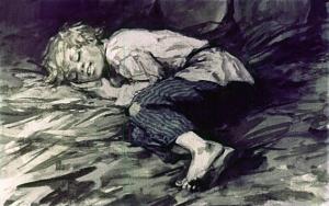Они напомнили Мишке золотые блёстки на атласном костюме клоуна, он зажмурил глаза, улыбнулся сквозь дрёму и, беззвучно, одними губами, повторив: «Фот тяк…», – уснул крепким детским сном. Иллюстрация к рассказу М. Горького «Встряска». Художник Т. Афонина, 1960
