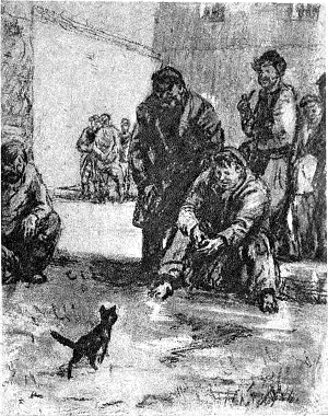 Котёнок шёл по двору, не торопясь, грациозно поднимая лапки. Иллюстрация к рассказу М. Горького «Зазубрина». Художник Д. Шмаринов, 1937 г.