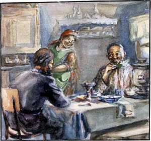 Иллюстрация к роману М. Горького «Жизнь Матвея Кожемякина». Художник Рахманкулова Гайша Абдрахмановна, 1950.