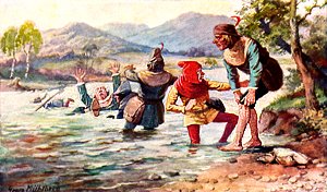 Храбрецы вошли в воду. Иллюстрация Геогра Мюльберга к сказке братьев Гримм