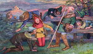 7 швабов и грабли. Иллюстрация Геогра Мюльберга к сказке братьев Гримм «Семеро швабов»