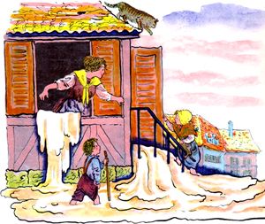 Каша заполняет улицу. Иллюстрация Владимира Конашевича к сказке братьев Гримм