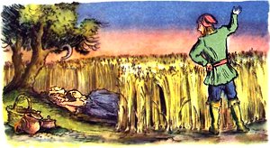 Умная Эльза в пшенице. Иллюстрация В. Конашевича к сказке братьев Гримм «Умная Эльза»