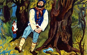 Маленький седенький человечек и старший сын. Иллюстрация И. Большаковой к сказке братьев Гримм «Золотой гусь»