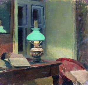 Зеленая лампа. Художник Калиниченко Яков Яковлевич, 1890