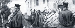 Народ от вечерни тронулся. Иллюстрация С. В. Герасимова к драме А. Н. Островского «Гроза»