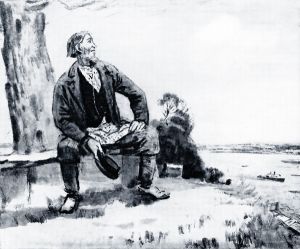 Кулигин поёт. Иллюстрация С. В. Герасимова к пьесе А. Н. Островского «Гроза»