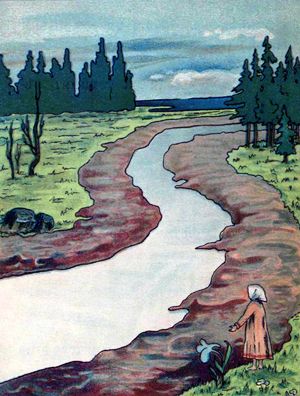 Молочная река, кисельные берега. Иллюстрация к русской народной сказке «Гуси-лебеди». Издание 1916 г.