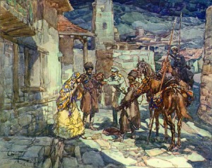 — Вот она, — сказал Каменев, доставая человеческую голову и выставляя ее на свет месяца. Иллюстрация А. П. Апсита к повести Л. Н. Толстого «Хаджи-Мурат»