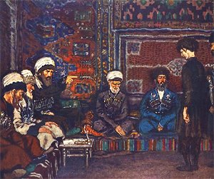 Юсуф, сын Хаджи-Мурата, перед Шамилем. Иллюстрация Е.Е.Лансере к повести Л.Н.Толстого «Хаджи-Мурат»