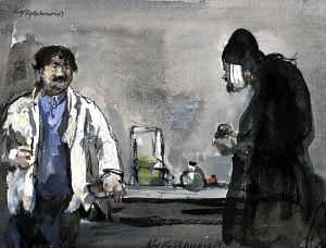 На прием. Иллюстрация к рассказу А. П. Чехова «Хирургия». Кукрыниксы, 1953 г.