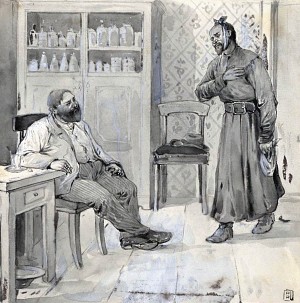 Дьячок приходит в кабинет к фельдшеру. Иллюстрация 1900-1903 г. Апсита Александра Петровича к рассказу А. П. Чехова «Хирургия»
