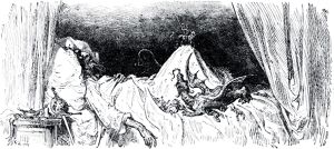 Глава VI. О находках, сделанных священником и цирюльником в библиотеке нашего героя. Иллюстрация Гюстава Доре (1832–1883) к «Дон-Кихоту» Мигеля де Сервантеса (1547-1616)