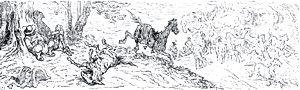 Глава XV. О неприятной встрече Дон-Кихота с янгуасскими погонщиками мулов. Иллюстрация Гюстава Доре (1832–1883) к «Дон-Кихоту» Мигеля де Сервантеса (1547-1616)