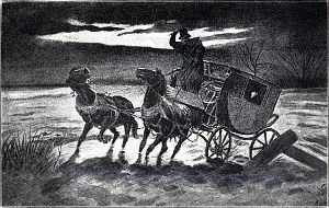 Куджо подбодряет и словами, и кнутом лошадей, которые бьются, барахтаются в грязи, тянут изо всех сил. Иллюстрация к роману Гарриет Бичер-Стоу «Хижина дяди Тома». Издание Вятского товарищества, 1908 г.