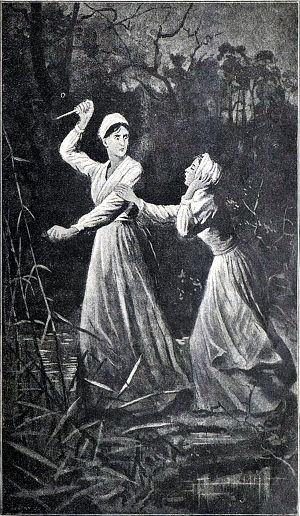 — Если ты упадешь, я убью тебя, — отвечала Касси; она вынула небольшой блестящий стилет и сверкнула им перед глазами девушки. Иллюстрация к роману Гарриет Бичер-Стоу «Хижина дяди Тома». Издание Вятского товарищества, 1908 г.