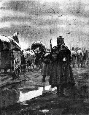 Под крики и ругань, щелканье кнутов и треск осей об оси, в грязи и дожде, двигались сплошной лавиной обозы наступающей русской армии. Иллюстрация к трилогии А. Н. Толстого «Хождение по мукам». Кукрыниксы, 1964 г.