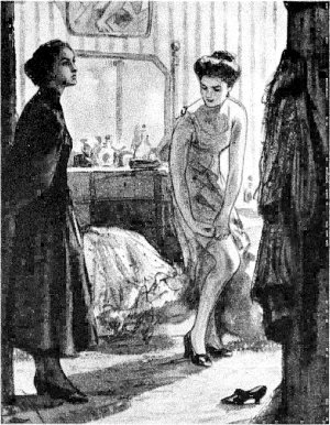 Екатерина Дмитриевна стояла перед зеркальным шкафом, затягивая корсет. Даше она улыбнулась рассеянно и продолжала деловито повертываться, переступая на ковре тугими туфельками... Иллюстрация к трилогии А. Н. Толстого «Хождение по мукам». Кукрыниксы, 1964 г.