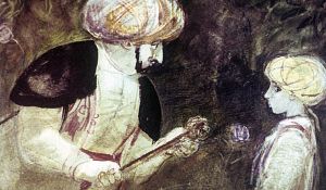 — Правда, я обещал даровать тебе жизнь, но, мне кажется, что у тебя есть еще какая-то тайна, кроме этой палочки; поэтому ты останешься в вечном заключении, если не признаешься, отчего ты так быстро бегаешь. Иллюстрация к сказке «Маленький Мук». Художник Р. Столяров.