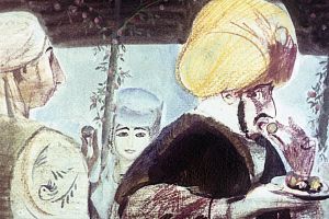 Каждый принц и каждая принцесса получили по две, придворные дамы, визири и аги по одной, остальные он оставил себе и с большим наслаждением принялся за них. Иллюстрация к сказке «Маленький Мук». Художник Р. Столяров.