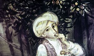 На дереве, под которым он спал, висели прелестные спелые винные ягоды. Он влез на него, сорвал несколько ягод, с большим аппетитом съел их... Иллюстрация к сказке «Маленький Мук». Художник Р. Столяров.