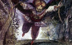Король сам стал в туфли, чтобы попробовать их действие, и как сумасшедший поскакал кругом по саду; ему давно уже хотелось остановиться, но он не знал, как заставить туфли стоять на месте... Иллюстрация к сказке «Маленький Мук». Художник Р. Столяров.