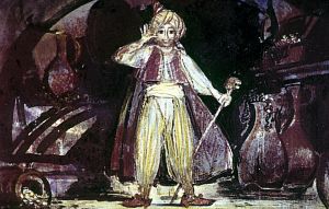 — Вероломный король, — сказал Мук, — неблагодарностью награждающий своих верных слуг! Уродство свое ты должен принять, как заслуженное наказание! Я оставляю тебе уши на память о Маленьком Муке. Иллюстрация к сказке «Маленький Мук». Художник Р. Столяров.