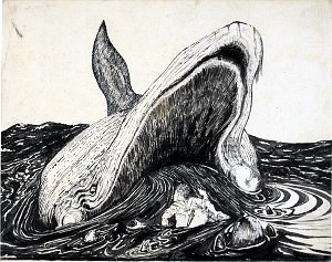 Это — изображение кита, когда он глотает моряка с его необыкновенным умом и рассудительностью, с его плотом, складным ножом и подтяжками, о которых вы не должны забывать. Иллюстрация к сказке Р. Киплинга «Как кит получил свою глотку»