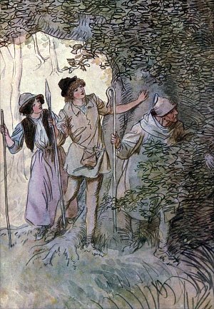 Входят Розалинда, Селия и Корин. Иллюстрация к комедии Уильяма Шекспира «Как вам это понравится». Художник Хью Томсон, 1909 г.