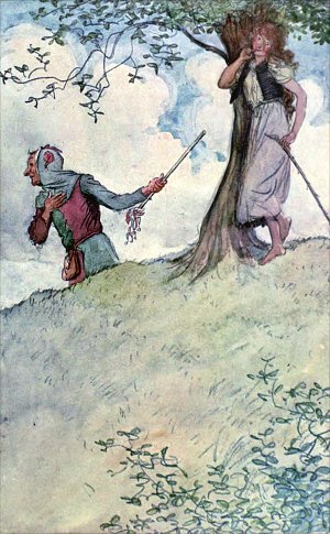 Оселок. Вот бедная девственница, герцог, невзрачная вещица, герцог, но собственно мне принадлежащая; жалкая прихоть такая была у меня — взять то, чего не хотел никто другой. Иллюстрация к комедии Уильяма Шекспира «Как вам это понравится». Художник Хью Томсон, 1909 г.