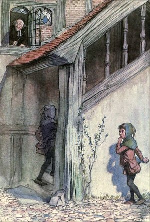 Затем — плаксивый школьник, с блистающим, как утро дня, лицом и с сумочкой ползущий неохотно улиткою в училище. Иллюстрация к комедии Уильяма Шекспира «Как вам это понравится». Художник Хью Томсон, 1909 г.