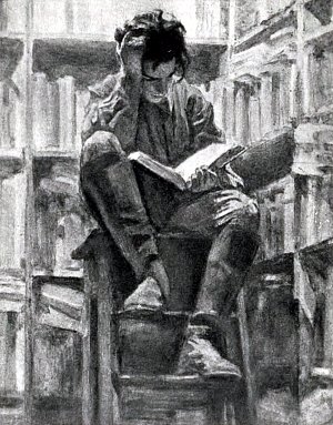 Павел часами просиживал, перелистывая книгу за книгой. Иллюстрация к роману Н. Островского «Как закалялась сталь». Художник Е. Кибрик, 1973