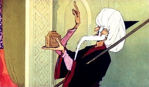 Но помни: во время превращения нельзя смеяться, иначе волшебное слово совершенно исчезнет из твоей памяти, и ты останешься животным навсегда. Иллюстрация к сказке «Калиф-Аист». Художник П. Репкин.