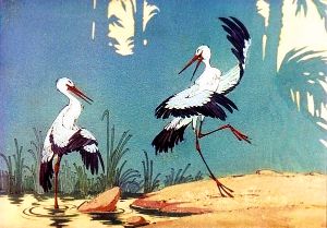 Тут юная дочь аиста прошлась по лугу, проделывая самые смешные движения. Иллюстрация к сказке «Калиф-Аист». Художник П. Репкин.