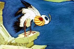 Три раза наклонили свои длинные шеи наши аисты навстречу выходившему из-за горы солнцу. Иллюстрация к сказке «Калиф-Аист». Художник П. Репкин.