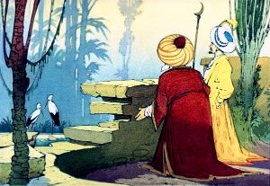— Клянусь бородой, милостивейший господин, — сказал великий визир, — эти два длинноногие поведут сейчас премилый разговор друг с другом. Вот, если бы нам превратиться в аистов! Иллюстрация к сказке «Калиф-Аист». Художник П. Репкин.