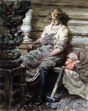 Данилушка и чаши. Иллюстрация к сказу П. П. Бажова «Каменный цветок». Художник Коровин Олег Дмитриевич, 1961