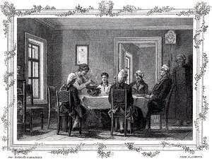 В доме коменданта был я принят как родной... Рисунок к роману А. С. Пушкина «Капитанская дочка» академика Павла Соколова гравированный на меди А. Ламотом, 1891 г.