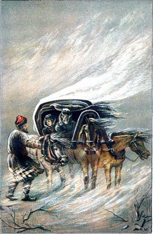 Встреча с Пугачевым во время бурана. Литография П. П. Щеглова, 1887