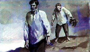 Костылин ничего не говорит, идет, покряхтывает. Иллюстрация Г. Балашова к рассказу Л. Н. Толстого «Кавказский пленник»