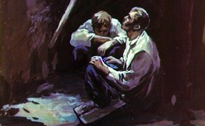 Глянул кверху — шест длинный в тот край ямы тыкается. Иллюстрация Г. Балашова к рассказу Л. Н. Толстого «Кавказский пленник»