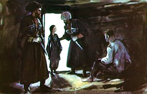 Прибежала девочка — тоненькая, худенькая, лет тринадцати. Иллюстрация Г. Балашова к рассказу Л. Н. Толстого «Кавказский пленник»