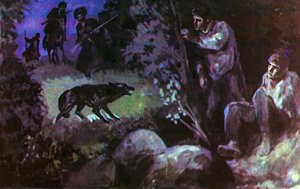 Собака нашла беглецов. Иллюстрация Г. Балашова к рассказу Л. Н. Толстого «Кавказский пленник»