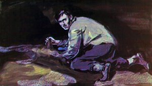 Прожил так Жилин месяц. Днем ходит по аулу или рукодельничает, а как ночь придет, затихнет в ауле, так он у себя в сарае копает. Иллюстрация Г. Балашова к рассказу Л. Н. Толстого «Кавказский пленник»